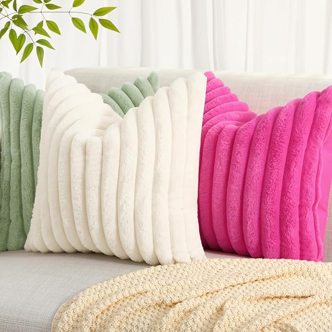 decorUhome Faux Fur Christmas Throw Pillow Covers 20x20 Set of 2, Decorative Soft Plush Striped Neutral Couch Euro Pillow Covers with Velvet Back for Sofa, Bed, Living Room Home Decor, Sage Green