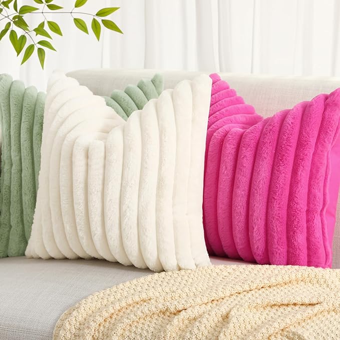 decorUhome Faux Fur Christmas Throw Pillow Covers 22x22 Set of 2, Decorative Soft Plush Striped Neutral Couch Euro Pillow Covers with Velvet Back for Sofa, Bed, Living Room Home Decor, Cream White