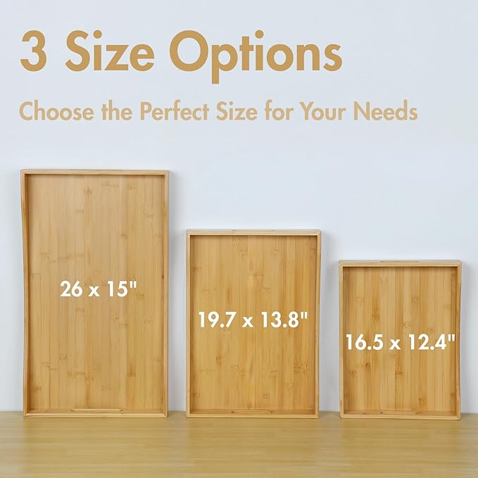 Gobam Bamboo Serving Tray with Handles, 16.5 x 12.4 inch Rectangular Decorative Tray for Entryway, Kitchen, Dining & Living Room, Large Wooden Breakfast Trays for Bed, Coffee Table & Ottoman