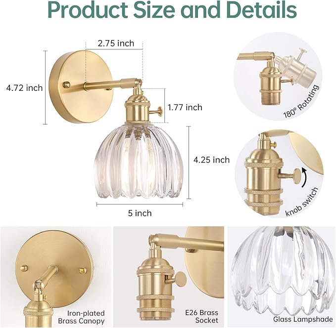 Vintage Wall Sconces with Cute Transparent Tulip Glass Lampshade 180 Degree Adjustable Brass Sconces Hradwired Modern Wall Lighting Fixture with Switch for Bedside Bedroom Doorway