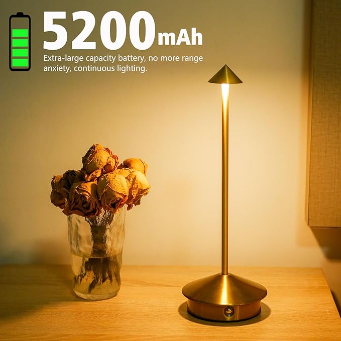 Cordless LED Table Lamp, Rechargeable 5200mAH Battery Operated Lamp for Decor, 3 Color Stepless Dimming Desk Lamps, for Restaurant, Bedroom, Outdoor Camping, Coffee Shop, Night Light