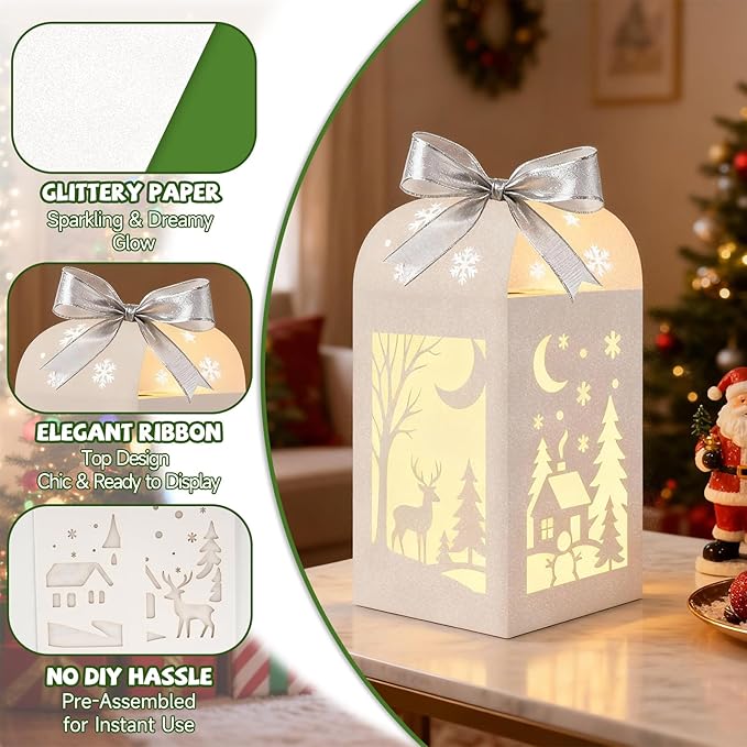 OuMuaMua Winter Christmas Centerpiece Table Decorations, 6Pcs Light Up Snowman Deer Decorative Paper Lanterns Glitter Table Centerpiece Boxes for Winter Wonderland Christmas Holiday Party Home Decor