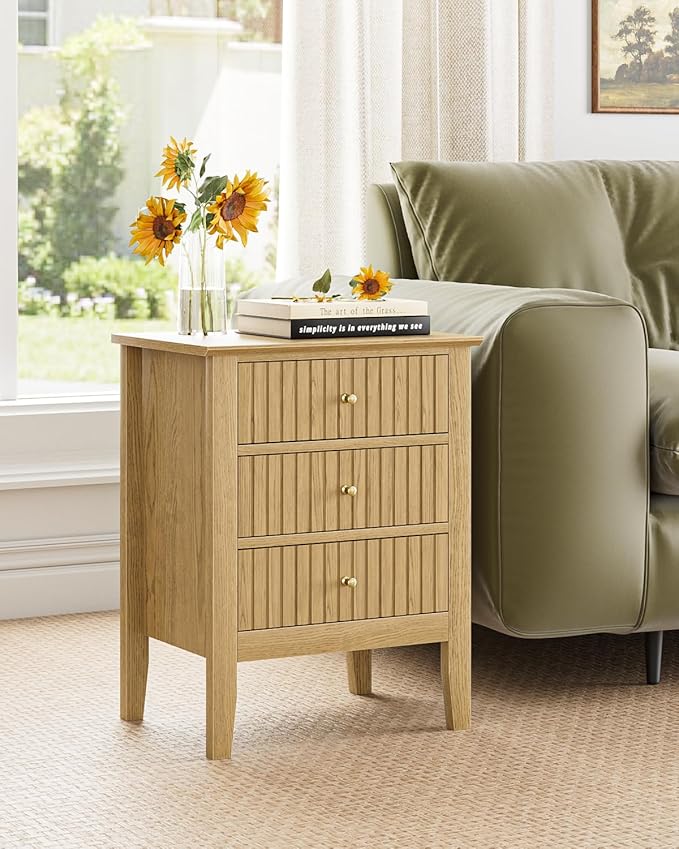 Fluted Nightstand, Farmhouse Night Stand with 3 Drawers, Mid Century Modern Side Accent Table,Bedside End Table for Bedroom, Living Room, Oak