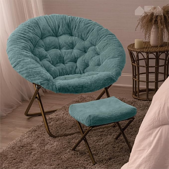 Milliard Cozy Chair with Footrest Ottoman/Faux Fur Saucer Chair for Bedroom/X-Large (Blue)