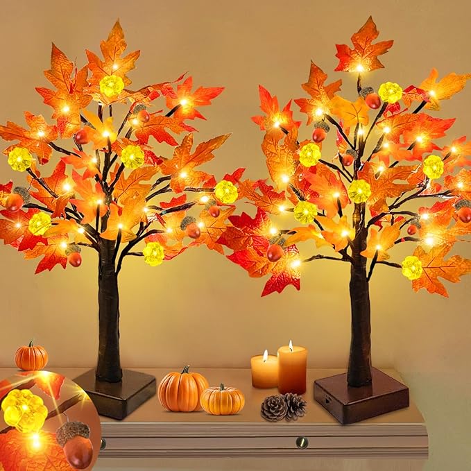 2 Pack 24 Inch Prelit Fall Maple Tree Thanksgiving Decorations, 48LEDs Timer Acorn Pumpkin Lights Fall Decorations for Home Battery Operated Wedding Party Table Autumn Harvest Halloween Fall Decor