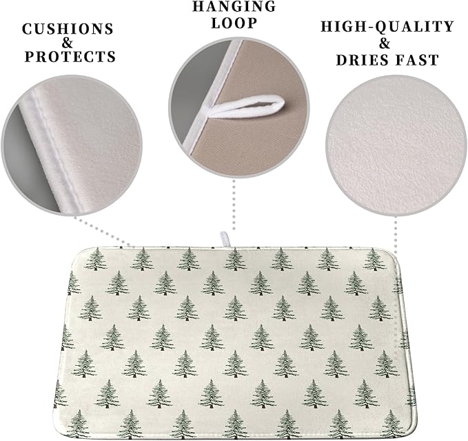 Christmas Tree Dish Drying Mat Winter Xmas Holiday Drying Mats Microfiber Absorbent Dishes Drying Pad Reusable Washable Kitchen Countertop Protector Dish Drainer Rack Mat 18x24 Inch
