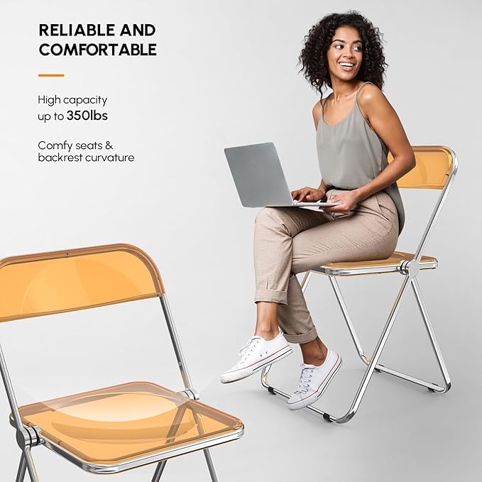 VINGLI Acrylic Folding Chairs 2 Pack, Clear Chair Foldable and Stackable, Plastic Panel & Metal Chrome Frame, Weight Capacity 350 lbs, Orange