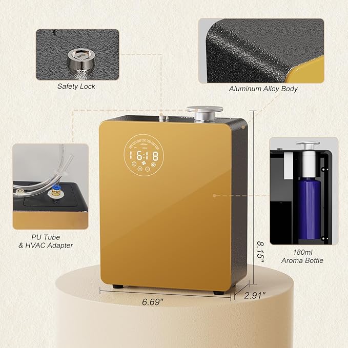 Smart Waterless Diffuser - Scent Air Machine for Home & Commercial Use, Covers 3000 sq. ft., Nebulizing HVAC or Portable Large Room Waterless Diffusers, Touch & Bluetooth Control, Metal, Golden