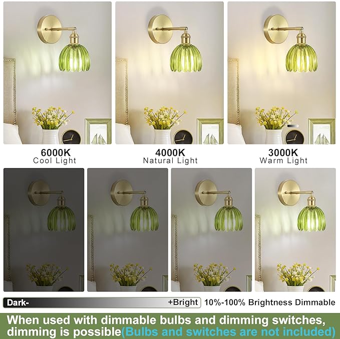 Vintage Wall Sconces Set of Two,Hardwired Wall Lights with Green Tulip Glass Lampshade,Gold Wall Lamps for Bedroom Bedside Stairway Bathroom Living Room(Bulbs Not Included)