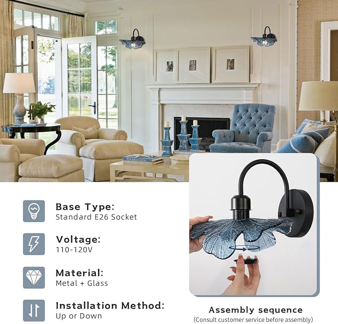 vintage wall sconce matte black bathroom vanity light mid century modern wall sconce Blue Glass Flower wall lamp 1-Light Vanity Light Over Mirror bedroom wall sconces for Bedroom Hallway Living Room