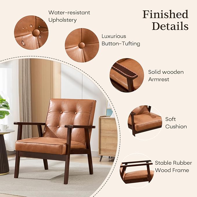 Bonzy Home Mid Century Modern Accent Chair for Living Room, Upholstered Faux Leather Armchair Comfy Retro Bedroom Side Chair with Solid Wood Frame, Orange