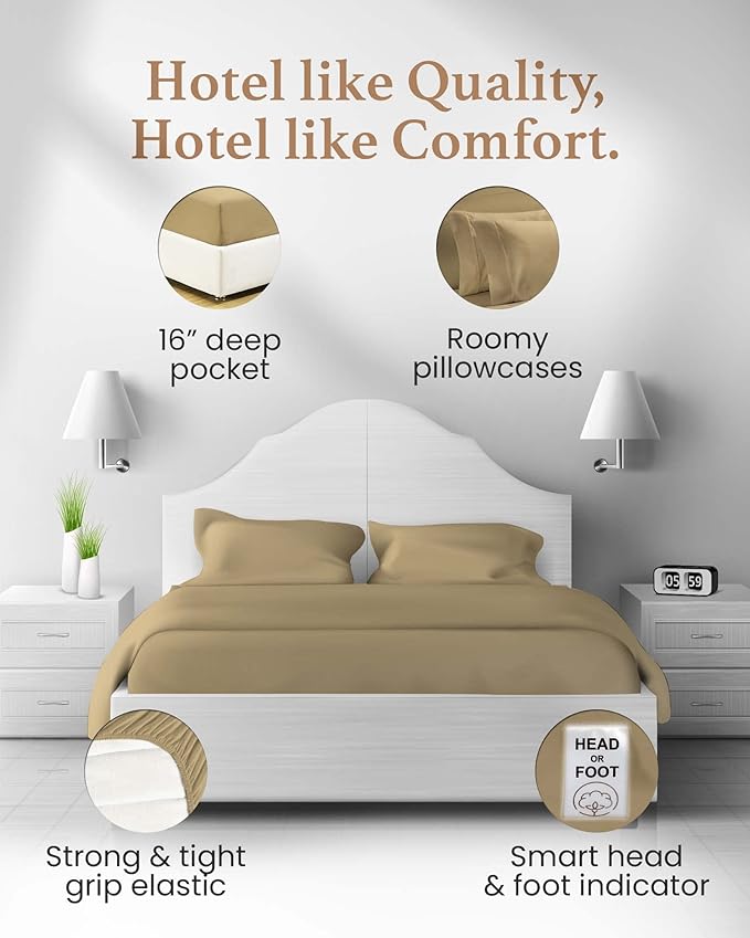 Good Sleep Bedding Twin XL Sheets - 100% Eyptian Cotton Twin XL Sheet Sets, 4Pc, 1000 TC, Twin XL Sheets College Dorm, Luxury Sateen Weave, Bed Sheets Twin XL, 16" Deep Pocket XL Twin Sheet Set, Taupe