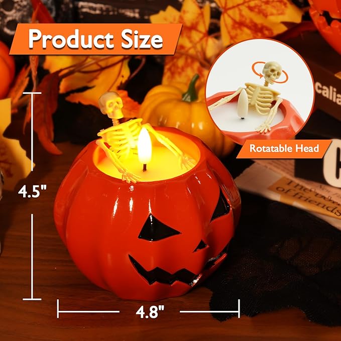Homemory Halloween Flameless Pumpkin Candles, 2Pcs LED Real Wax Pumpkin Lamp with Skeleton, Flickering Battery Operated Candles with Remote for Halloween Decor, Theme Party, Holiday Gift, Orange