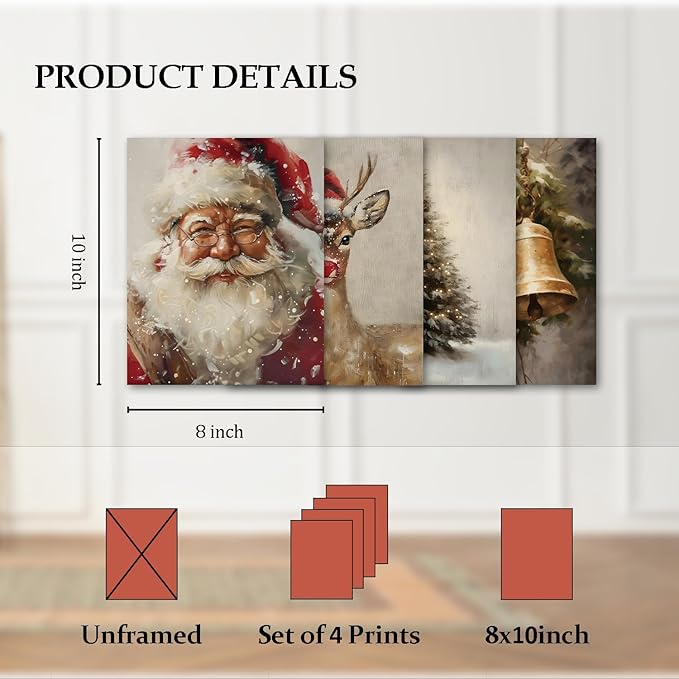 TFKFJLF Vintage Christmas Santa Posters for Wall, Christmas Tree Deer Painting Pictures Decor Wall Art, Vacation Decorations for Bedroom Bathroom Living Room Office, Unframed 8x10in Set of 4