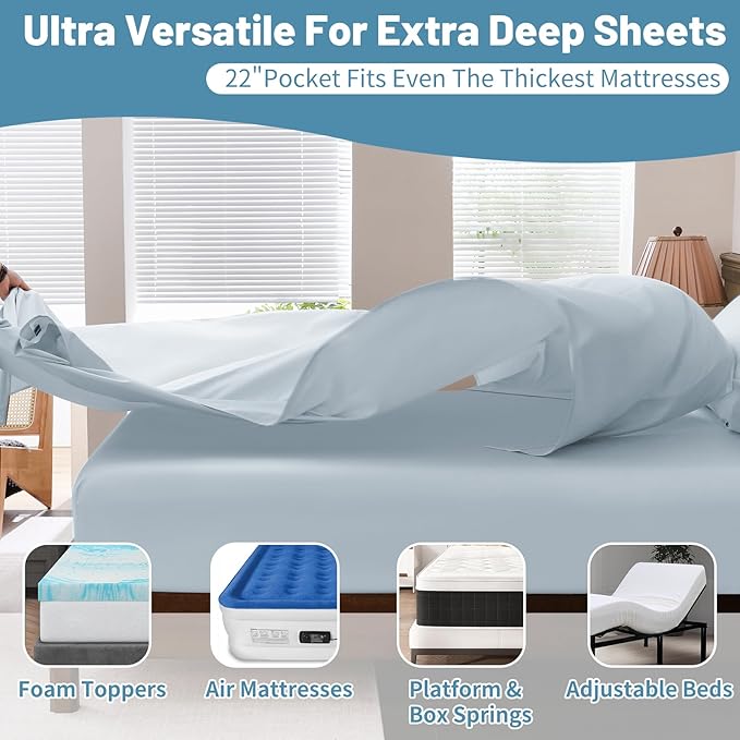 Extra Deep Pocket California King Sheets 18-24 Inch 100% Egyptian Cotton 1000 Thread Count Sateen Weave Soft Breathable 4 Pieces(California King,Light Blue)