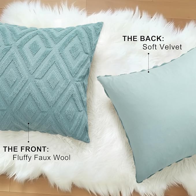 decorUhome Couch Throw Pillow Covers 24x24 Set of 2, Decorative Soft Plush Faux Wool Neutral Accent Pillow Covers for Bed Sofa Living Room, Light Teal