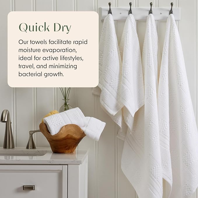 Springtree Home 100% Cotton Bath Towel Set of 4 | White Towels | Geometric Textured Design | Absorbent & Quick-Dry | 4 Bath Towels | Oeko-TEX® Standard 100 Cotton | Myla Collection - White