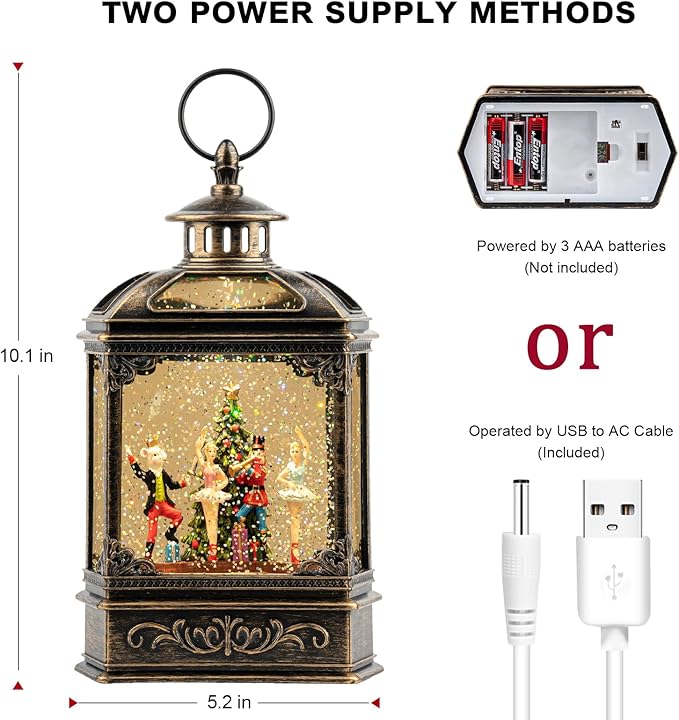 Christmas Snow Globe Lantern Lighted Nutcracker Suite Scene Musical Snow Water Lantern Swirling Glittering Home Decoration and Gift, Battery Operated or USB Powered