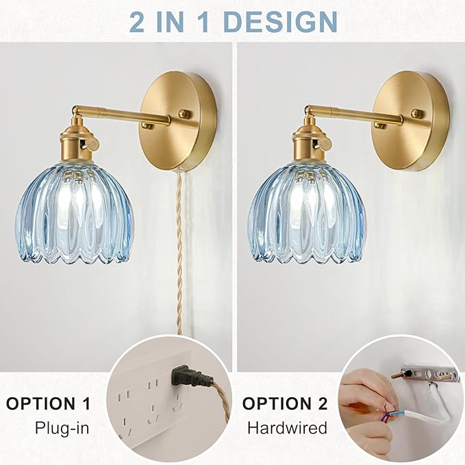 Plug in Wall Sconce, Vintage Sconce Light with Tulip Denim Blue Glass Lampshade, 180° Adjustable Wall Sconce with Switch and Plug in Wall Lamp Cord, Gold Wall Light for Bedroom Bedside