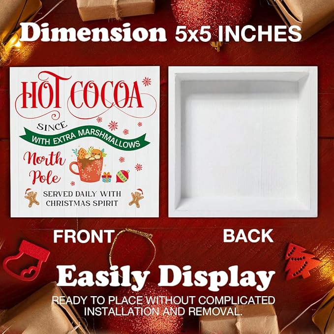 Christmas Decorations Indoor Home Decor, Hot Cocoa Wooden Sign, Gingerbread Wooden Block Sign, Christmas Decor for Table Shelf 5 x 5 Inch