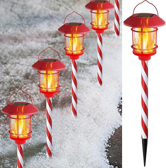 Dynaming 6 Pack Christmas Solar Flame Garden Lights Outdoor, Dual Use Flickering Flame Torch Candy Cane Pathway Marker, Xmas Hanging Lantern Lights, Waterproof & Auto On/Off for Patio Walkway Driveway