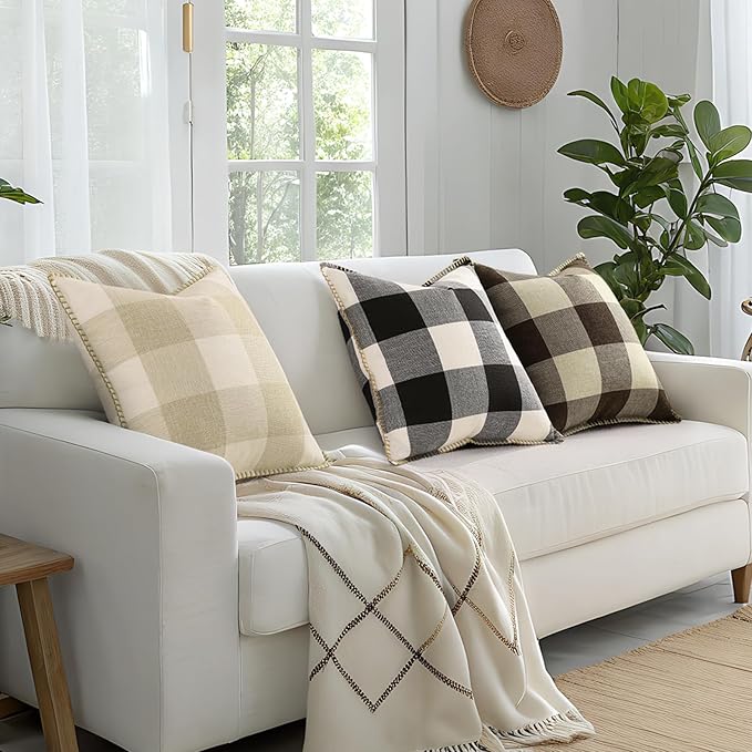 decorUhome Christmas Buffalo Plaid Check Throw Pillow Covers 22x22 Set of 2, Outdoor Linen Decorative Farmhouse Gingham Pillow Covers with Stitched Edge for Bed Couch Sofa, Cream White and Beige