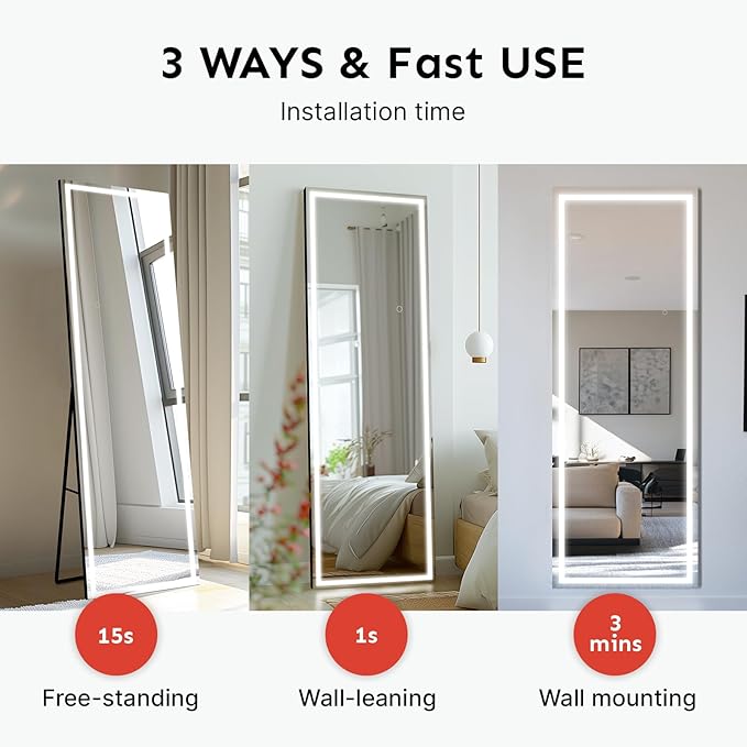Kosmonia 60x16 Frameless Full Length Mirror, Dimmable 3 Color LED Light w/Memory Function, Distortion Free, HD Reflection & Anti Desilvering, Tempered Glass & Shatter Proof Film Doubling Safety
