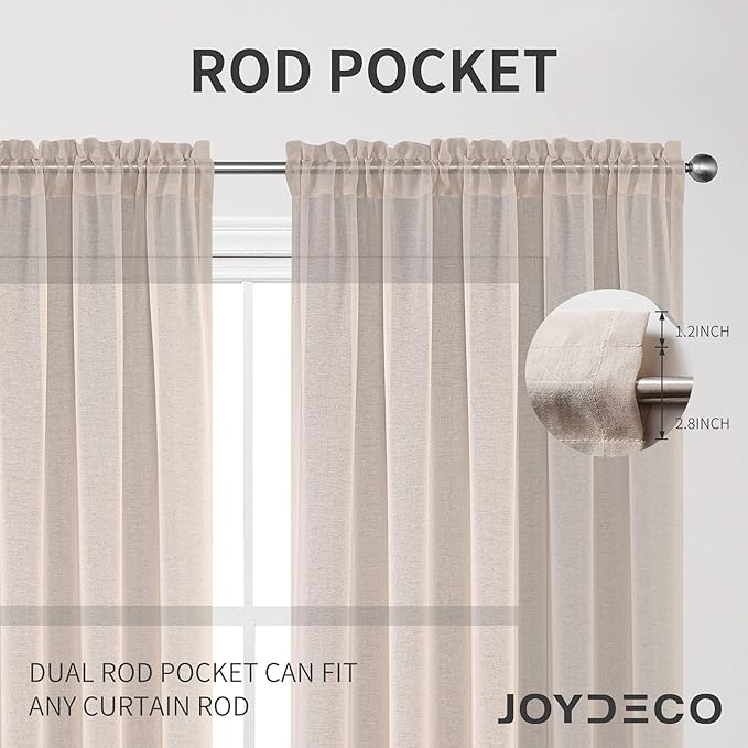 Joydeco Linen Sheer Curtains 63 Inch Length 2 Panels Set, Rod Pocket Long Sheer Curtains for Window Bedroom Living Room, Lightweight Semi Drape Panels for Yard Patio (54x63 inch, Linen)