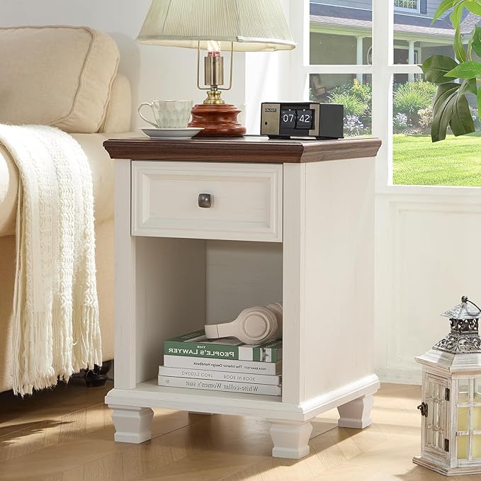 Farmhouse End Tables Living Room Set of 2, Rustic Wood Nightstand with 1 Drawer, Bedside Table with Open Shelf for Bed Room, Side Table for Living Room, White