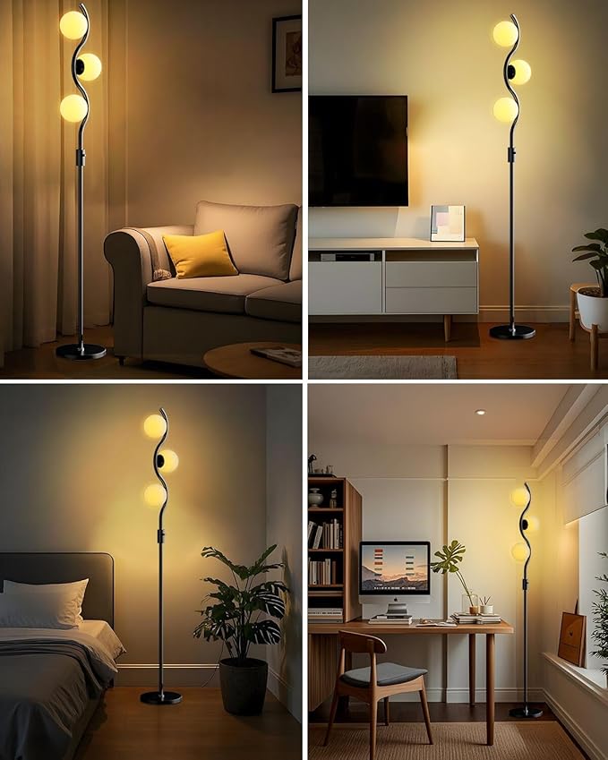 Lightdot 60IN 3-Globe Dimmable Black Floor Lamp Mid Century Standing Lamps with 3Pcs 3000K Warm White G9 Bulbs Stepless Brightness Adjustable Modern Tall Lamp Stable Base for Bedroom Office