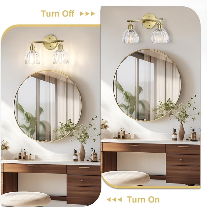 Vintage Bathroom Light Fixtures,2-Light Hardwired Vanity Lights Over Mirror,Gold Wall Sconces with Clear Tulip Glass Shade for Bathroom Living Room,E26 Socket(Bulbs Not Included)