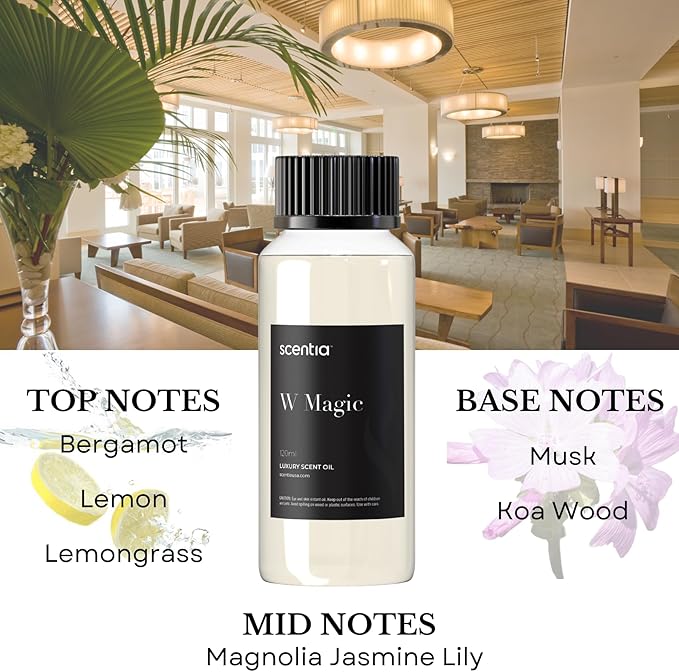 Scentia W Magic Hotel Diffuser Oil - 120 mL 4.06 fl oz - Aromatherapy Fragrance Inspired by 5-Star Hotels | Notes of Bergamot, Lemongrass, Jasmine