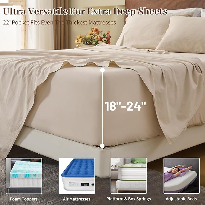 MEISHANG 100% French Pure Linen Sheets Queen Size - 6 PC Extra Deep Pocket Sheet Set, Soft Durable Flax Linen, Anti-Tear Breathable & Oeko-Tex Certified 18-24 Deep Pocket,All Season(Linen)