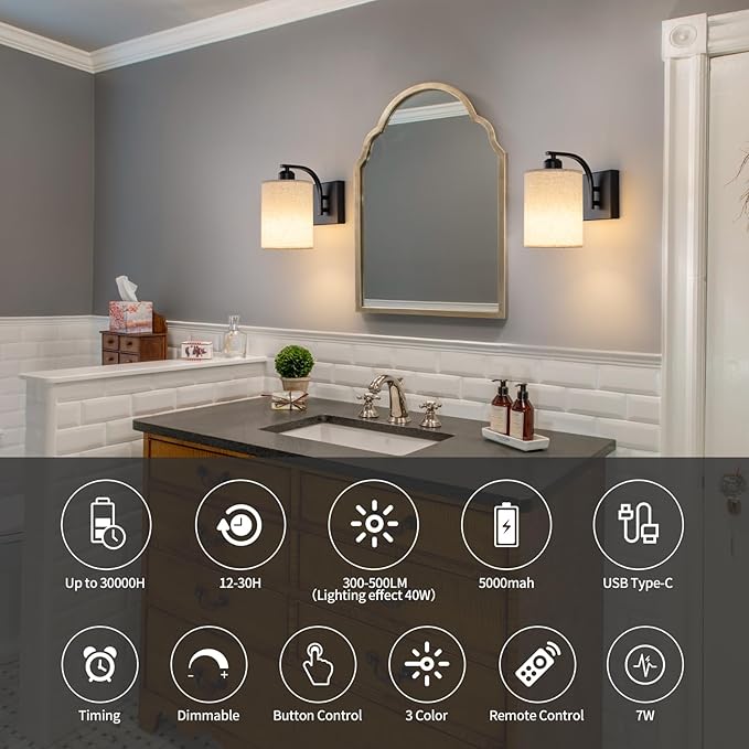 Black Rechargeable Battery Operated Wall Sconces Set of 2 with Remote, Wireless Dimmable Battery Powered LED Wall Lights, Cordless Wall Lighting Lamp Fixture for Bedroom Living Room