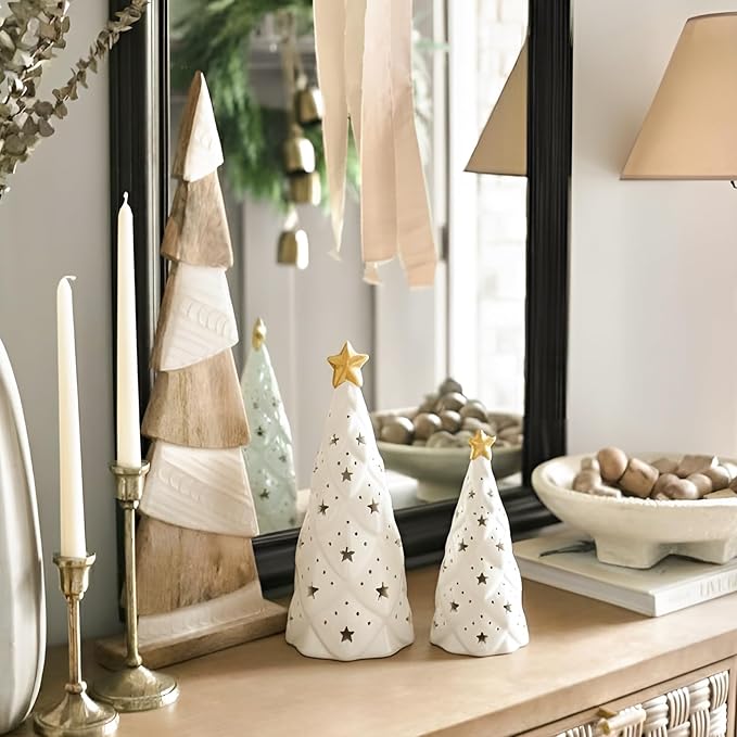 DN Decoration White Ceramic Christmas Tree with Lights, 2Pcs Prelit Tabletop Xmas Decor with Star Cutouts, Battery-Operated LED Trees for Christmas Village, Office, Front Porch Holiday Centerpieces