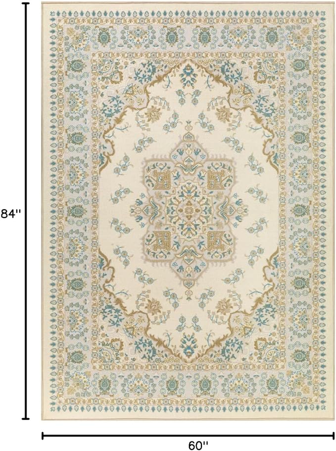 Antep Rugs Alfombras Oriental Traditional 5x7 Non-Skid (Non-Slip) Low Profile Pile Rubber Backing Indoor Area Rugs (Blue Beige, 5' x 7')