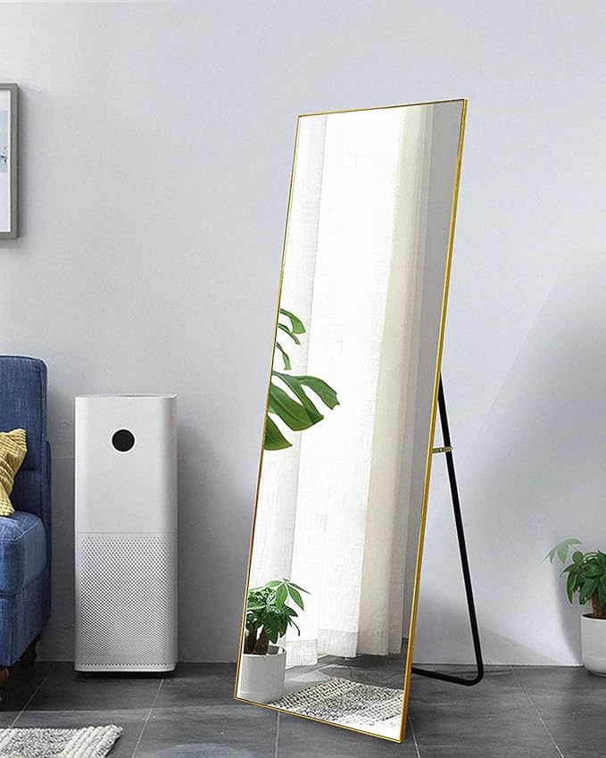 Full Length Mirror with Stand, 64" x 21" Free Standing Floor Mirror, Full Body Mirrors, Hanging or Wall Mounted Mirrors for Bedroom, Rectangle Shape, Metal Frame,Gold