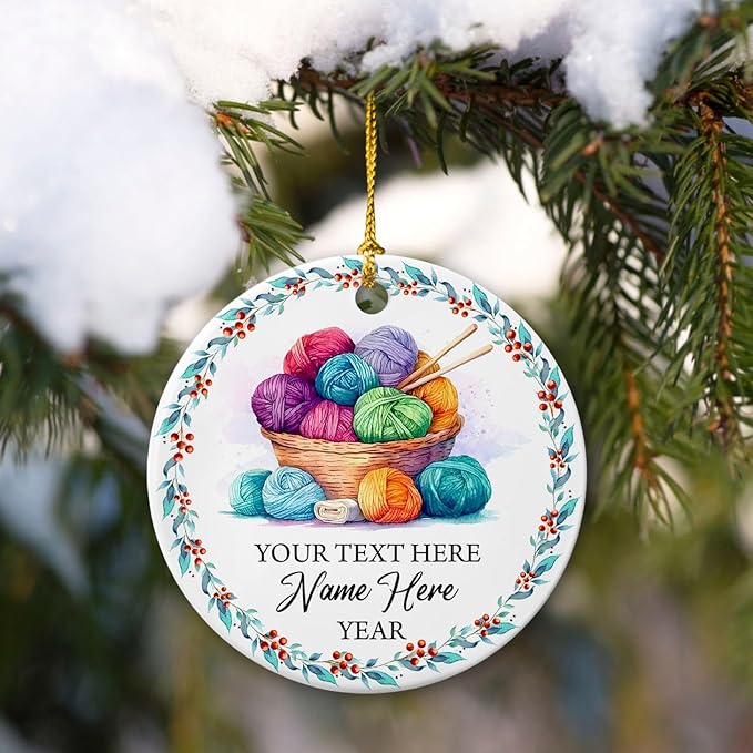 Knitting Ceramic Ornaments, Yarn Balls Ornaments, Personalized Crocheting Wood Ornament Christmas 2025, Customized Name & Year, Gifts for Mom Grandma, Knitting Accessories Ornament Xmas Tree Decor