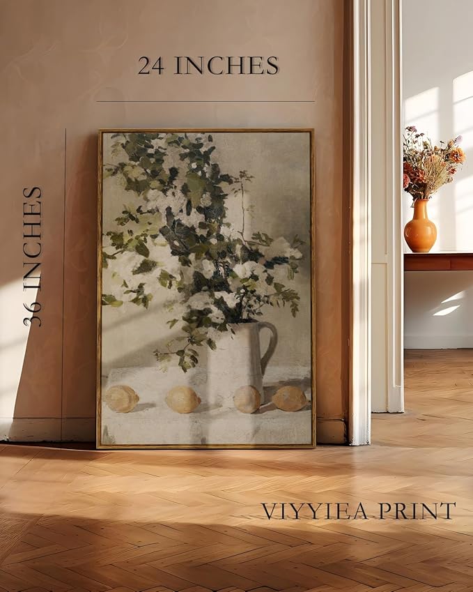VIYYIEA Vintage Floral Large Framed Wall Art, Flowers and Lemons Paingtings Decor Aesthetic, 24x36 Inch Canvas Print Artwork, Farm Still Life Wall Pictures for Bedroom Living Room