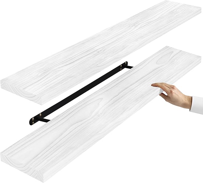 Sorbus Wood Floating Shelves for Wall - 35” Solid Wood Wall Shelves for Bathroom Decor, Books, Bedroom & Living Room - Set of 2 White Wall Mounted Kitchen Shelves - Durable Solid Pine
