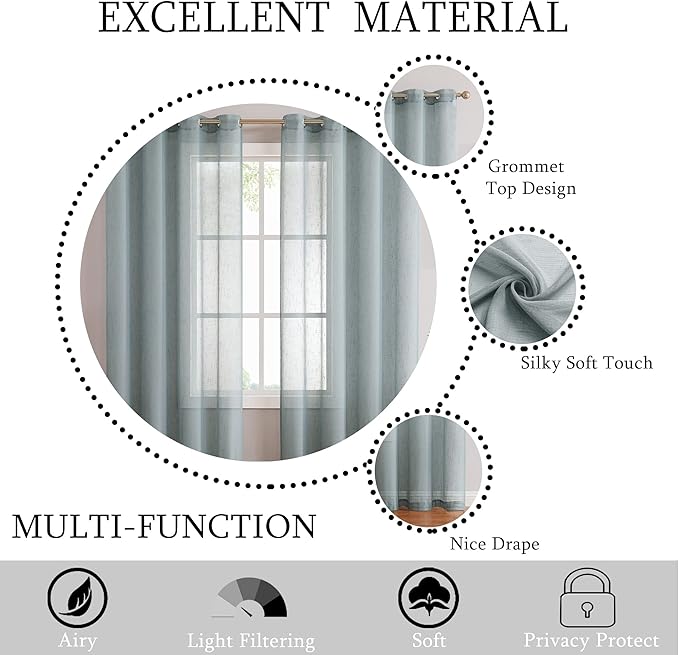Linen Sheer Window Curtain Panel Pairs 108 Inches Extra Long for Living Room with Grommets/Eyelets Rustic Window Treament Drape Set Bedroom Farmhouse- 2 Panels, Spa/Light Teal, 54x108 Inch