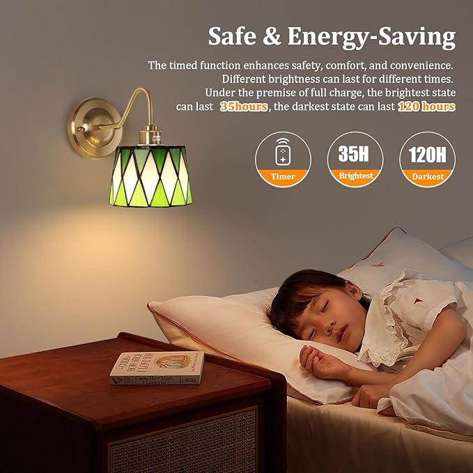 Vintage Battery Operated Wall Sconce Set of 2, 5000mAh Rechargeable Wall Lamp 12 RGB Colors Dimmable, Gold Lights Fixture for Bedroom Bathroom Living Room Hallway Green Checker