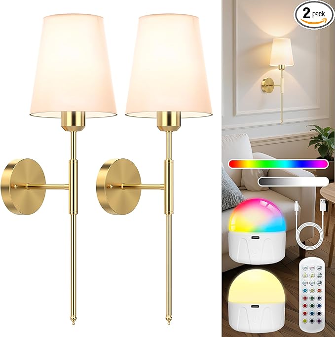24 inch Battery Operated Wall Sconces Set of 2, Wireless Wall Lights with Rechargeable Bulbs & Remote, 15 Colors & Dimmable, Battery Powered Wall Lights for Bedroom, Living Room, Hallway