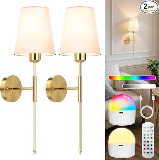 24 inch Battery Operated Wall Sconces Set of 2, Wireless Wall Lights with Rechargeable Bulbs & Remote, 15 Colors & Dimmable, Battery Powered Wall Lights for Bedroom, Living Room, Hallway