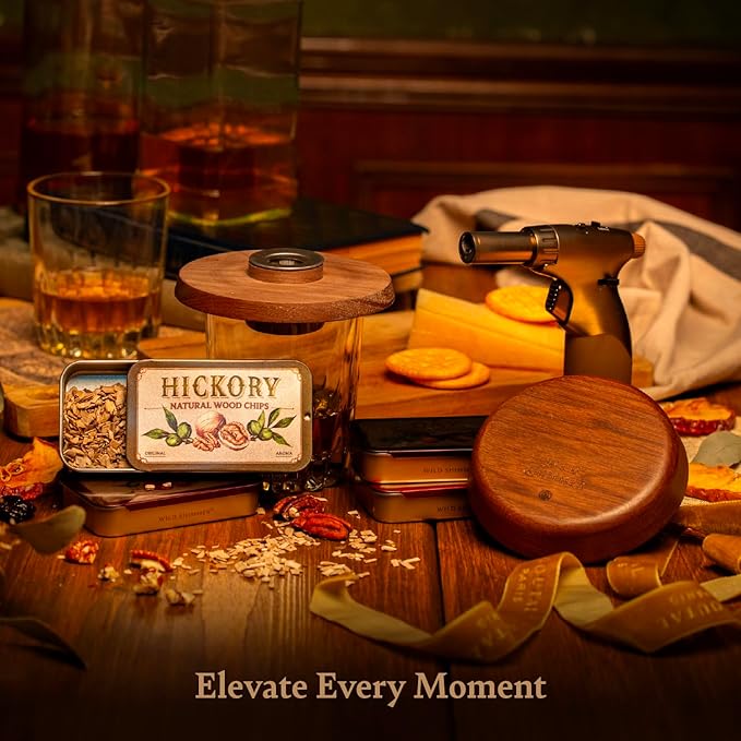 Cocktail Whiskey Smoker Kit with Torch, Wooden Box & Stand | Premium USA Walnut Smoker & 4 Flavors Natural Wood Chips | Old Fashioned Smoker Kit | Bourbon Gifts for Men