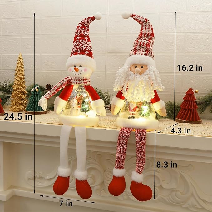 Juegoal 2 Pack Lighted Christmas Santa & Snowman with Dangling Legs, 24" Handmade Plush Figurines with Miniature Xmas Scenes in Belly, Battery Operated Tabletop Dinner Party Ornaments