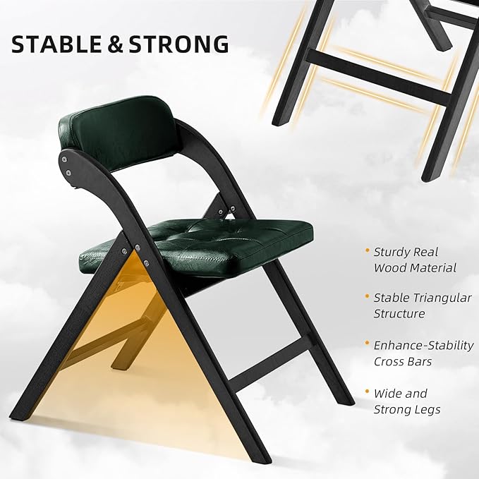 Wood Folding Chairs with Padded Seats, Wooden Folding Chairs Set of 2, Foldable Dining Chair with Cushion, Stackable Extra Chair for Indoor Outside Events, Party, Wedding (Black Green)