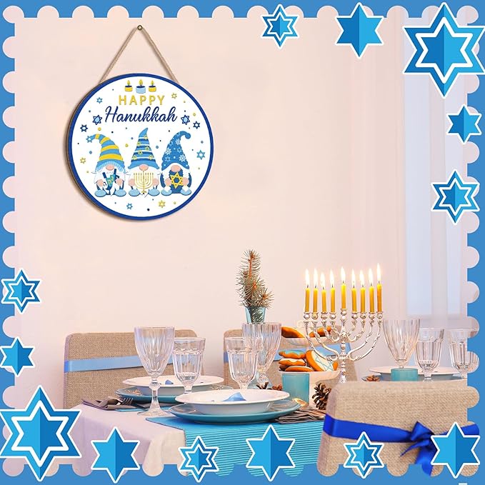 3 Pcs Hanukkah Front Door Sign Round Hanukkah Hanging Ornaments Hanging Wooden Plaque Decoration Chanukah Party Wall Sign Hanger for Farmhouse Home Livingroom Birthday Party Supplies