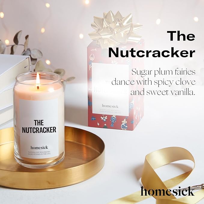Homesick Scented Candles for Home (The Nutcracker) - 13.75 oz Long-Lasting Natural Soy Wax Blend Jar Candle Gifts for Women & Men, 60-80 Hours Burn Time - Notes of Cinnamon, Clove & Pecan