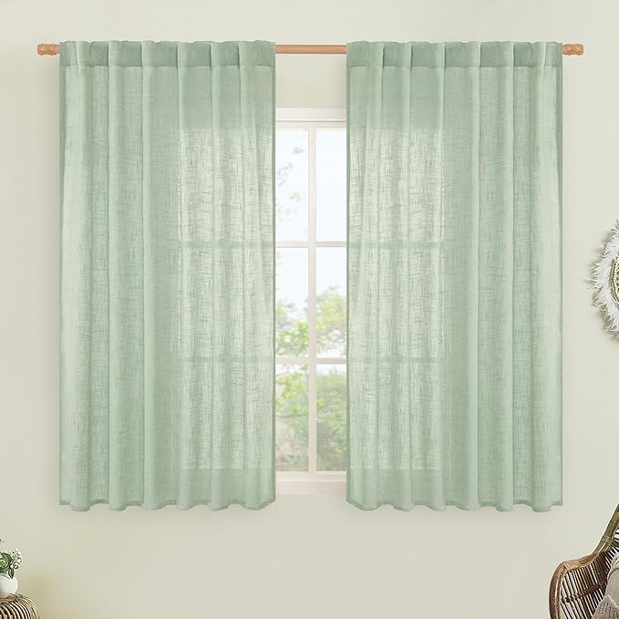 LAMIT Fresh Green Linen Curtains 54 Inch Length, Light Filtering Panels Back Tab and Rod Pocket Neutral Drapes for Living Room/Window/Bedroom, 52 x 54 Inch, 2 Panels